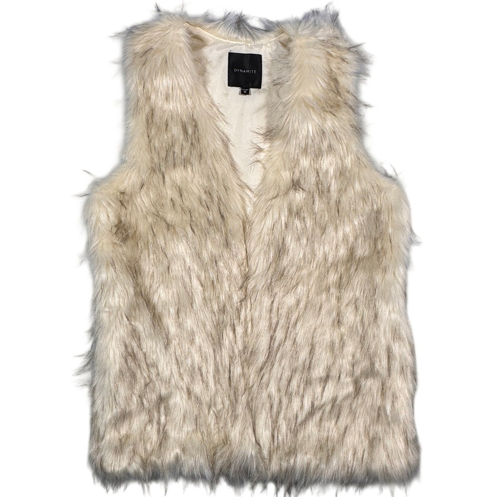 Dynamite Womens Faux Fur Vest Ivory Grey Shaggy Open Front Size XS S